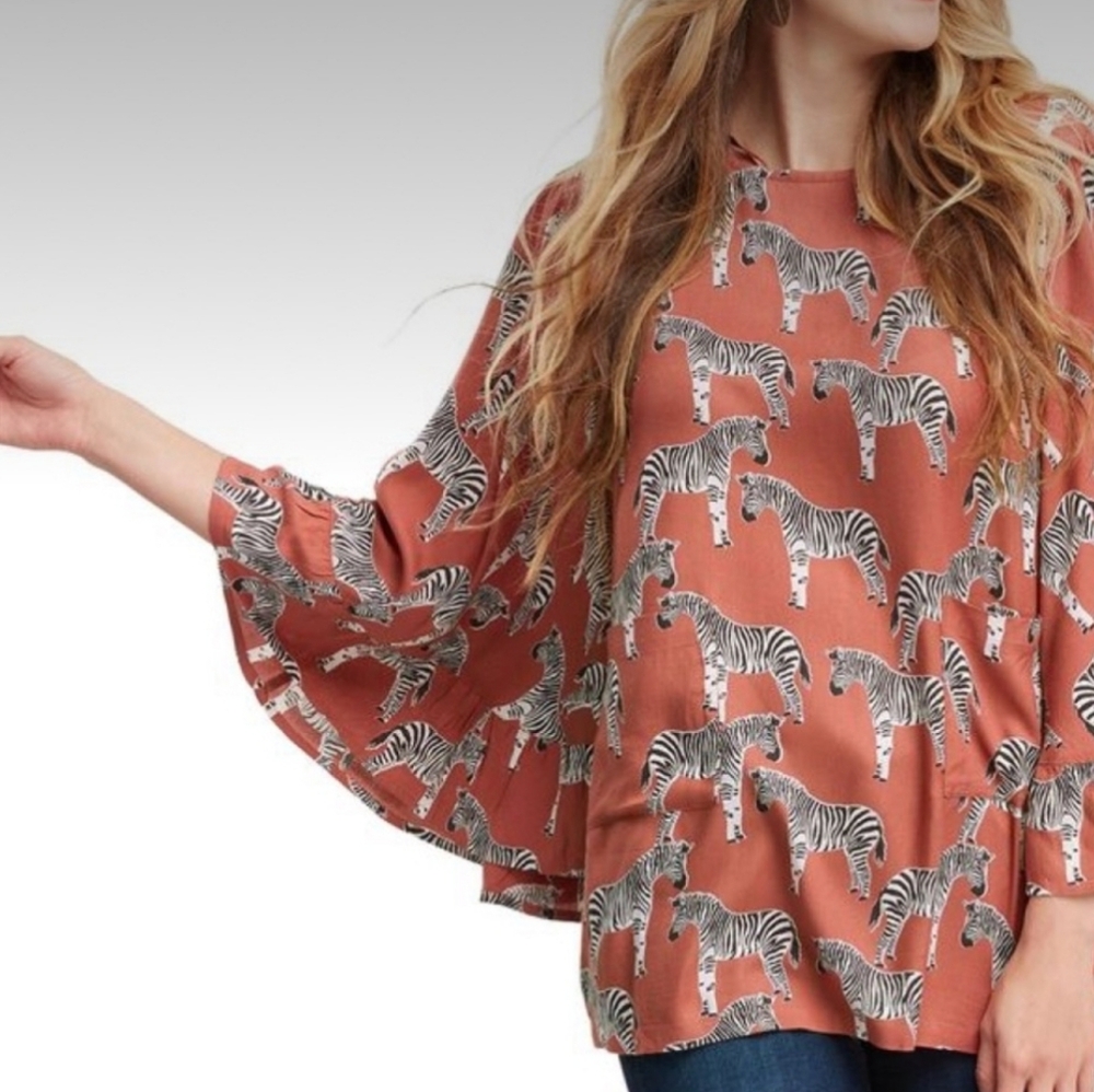 World Market Zebra Print Bell Sleeve Blouse Bohemian Peasant Global Flowy S/M